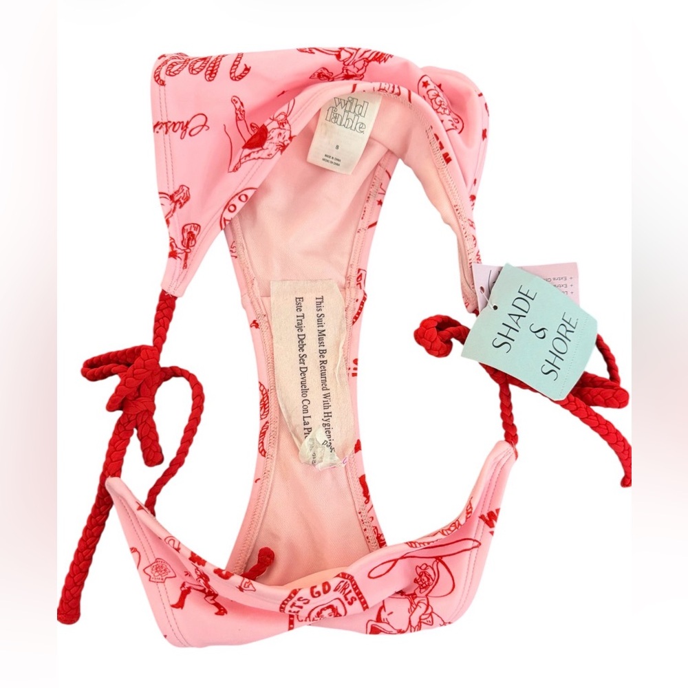 Shade & Shore NWT (THERE ARE SOME FLAWS) Pink Bikini Bottom Red Tie Sides - Picture 3 of 6